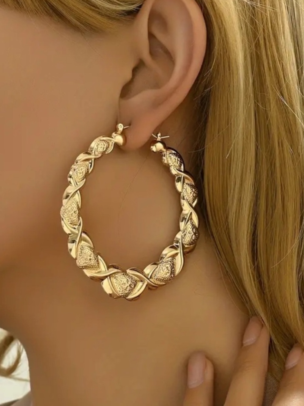 Gold Braided look Statement Hoop Earrings New